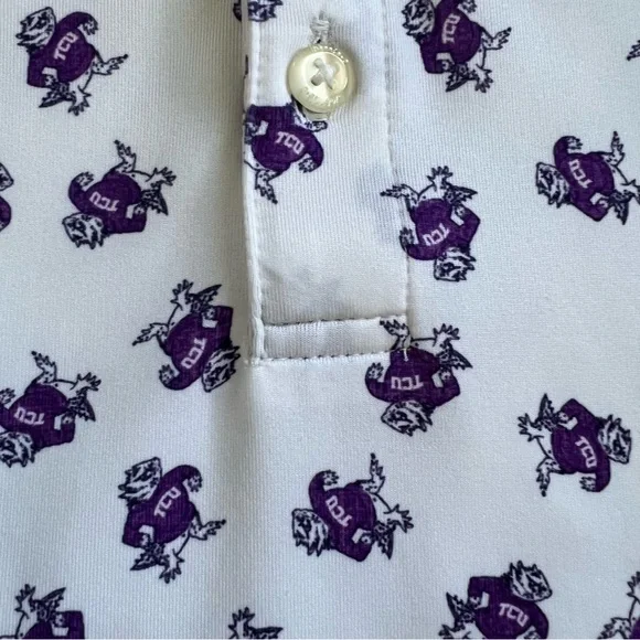 Johnnie-O Polo Shirt TCU Logo All Over Print White Purple Short Sleeve Men’s XL - Picture 8 of 15